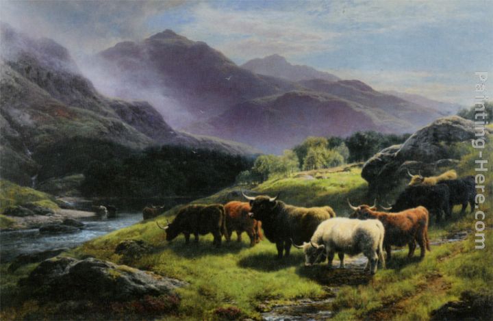 Highland Cattle Grazing by a Mountain Stream painting - William Watson Highland Cattle Grazing by a Mountain Stream art painting